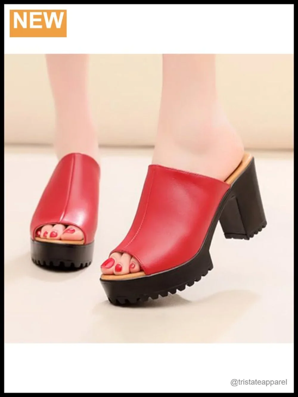 Faux Leather Platform Block Heel Slide Sandals Peep Toe Party Dress Shoes